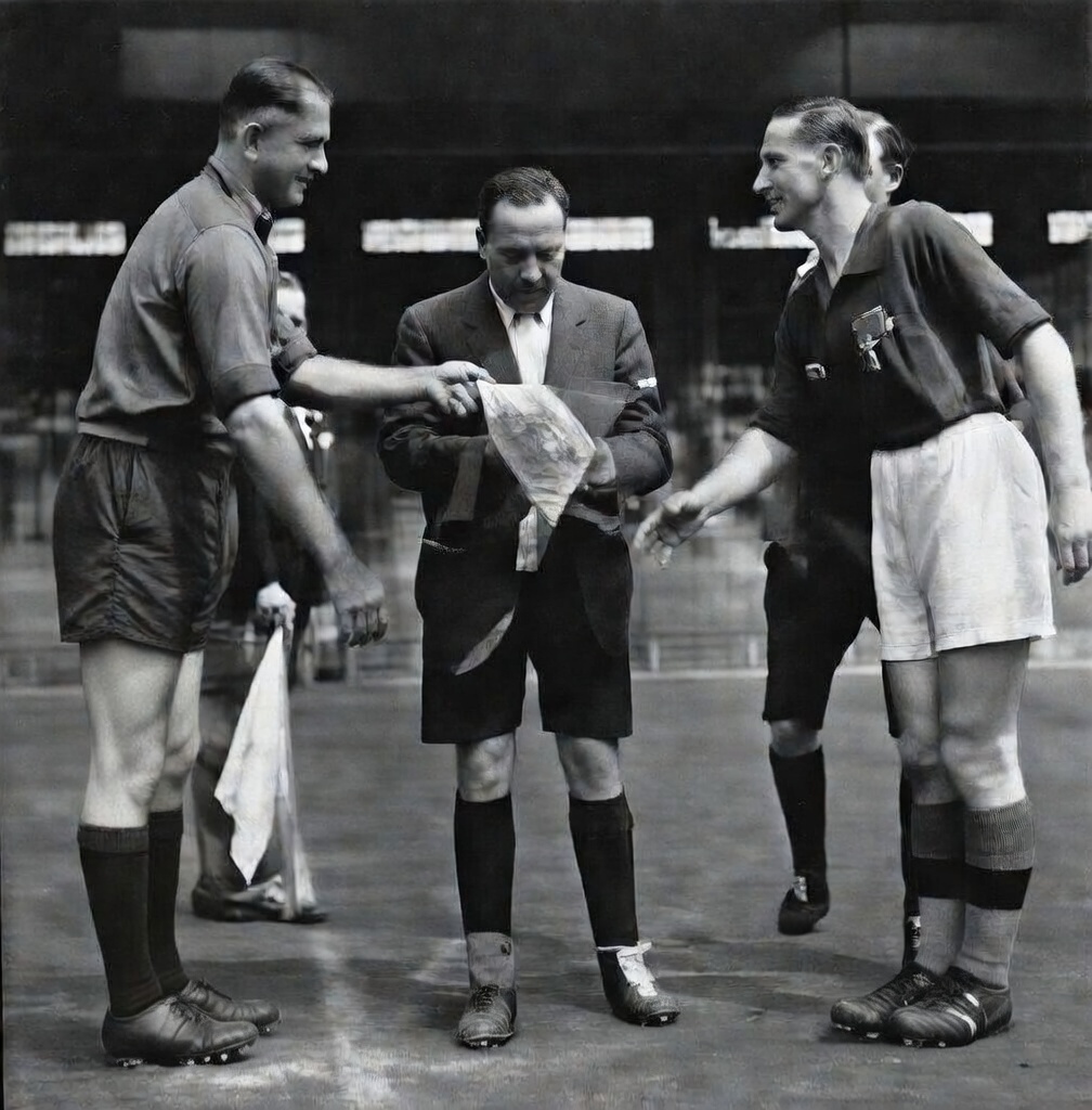 échange de fanions entre les capitaines Mattler et Schiavo avant le coup d'envoi du match Bologne Sochaux au tournoi de l'exposition 1937 à colombes