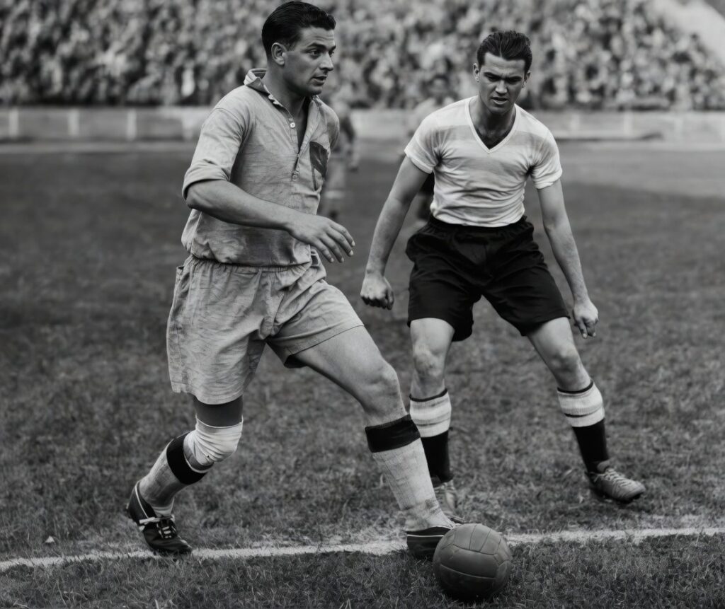 Pedro Duhart du FC Siochaux Montbéliard à la lutte avec Zivkovic en Mai 1938